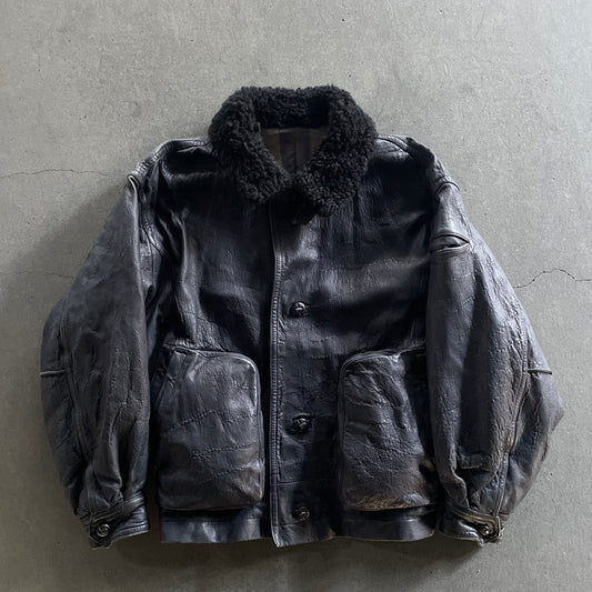 1980s issey miyake mouton neck run leather jacket L set up