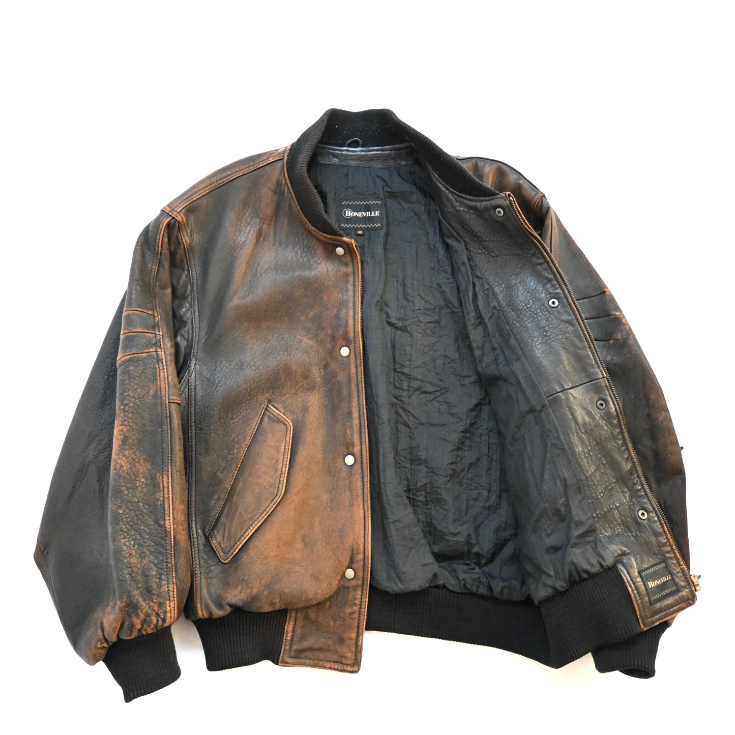 1980s boneville crushed lamb leather bomber jacket 48