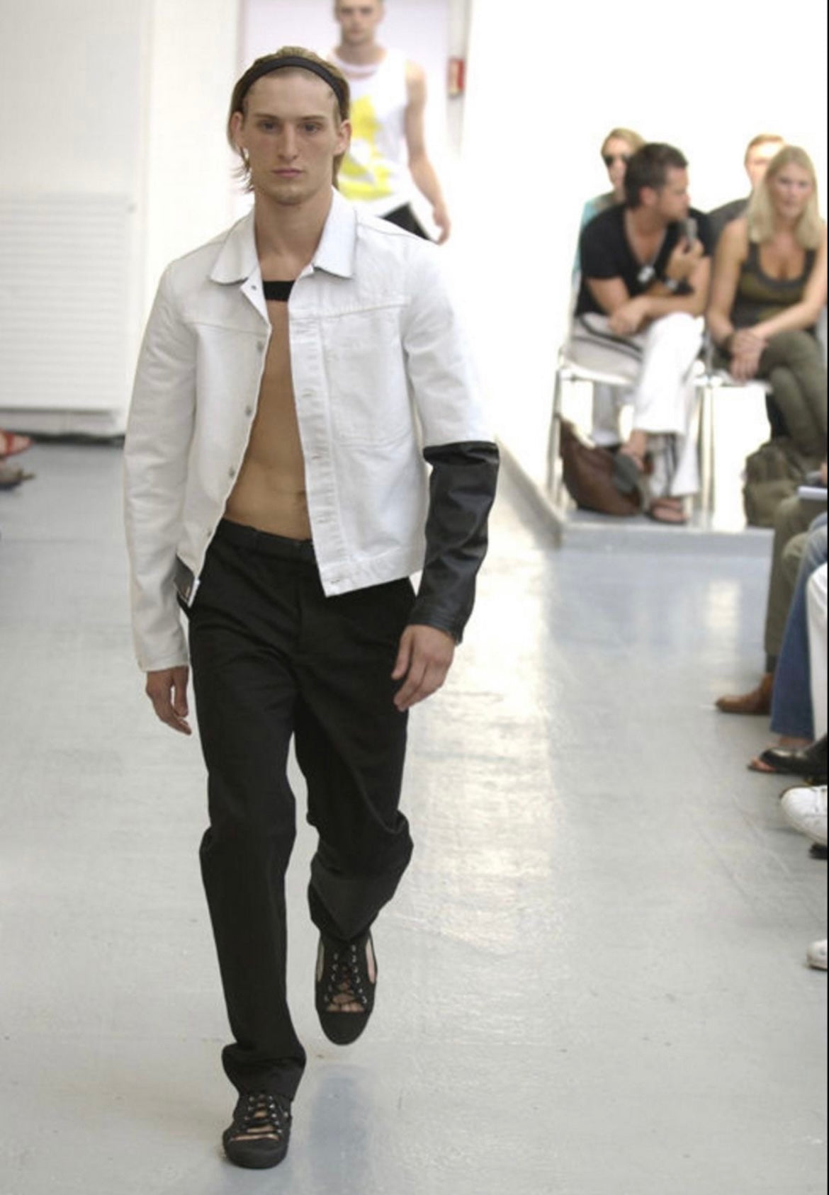 2003ss helmut lang leather sleeve denim jacket 50